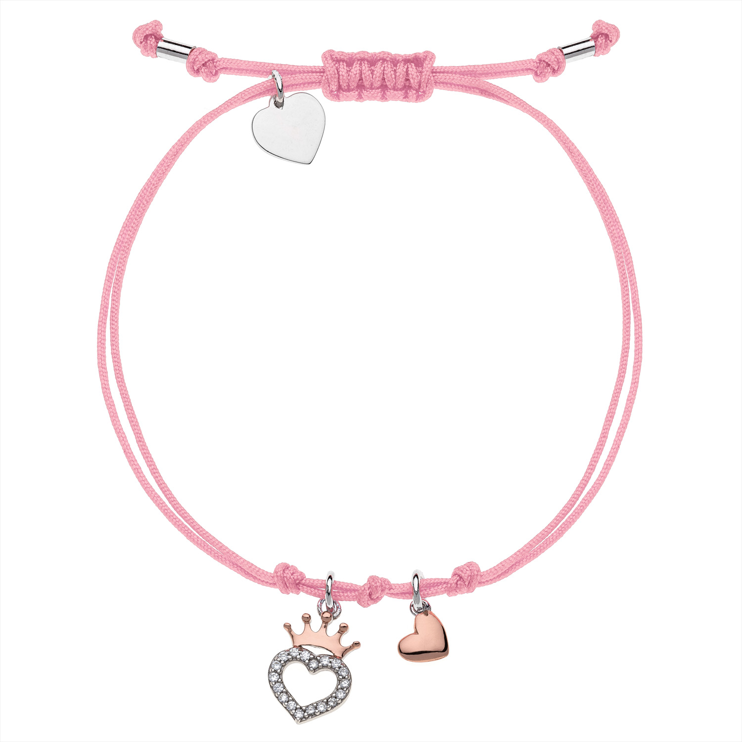 Fremragende Crack pot Logisk Sølv armbånd rosa krone og 2 hjerter på lyserød bånd. Længde 17 cm. -