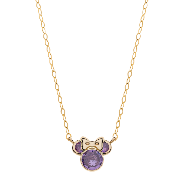 Disney - Minnie Mouse halskæde med ametyster og guld sløjfe.